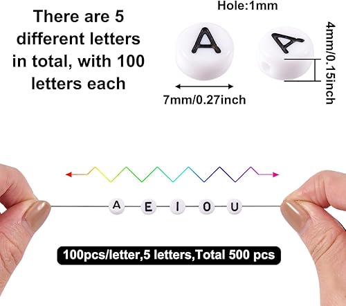 Miniatura 6 de Pandahall - Juego de 500 cuentas redondas planas, vocales con A, E, I, O, U, acrílico blanco para hacer joyas