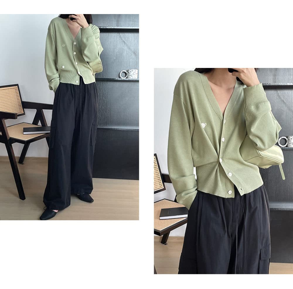 Strickjacke Damen,Damen-Strickjacken Mantel Stilvolle Salbeigrüne Planetenstickerei V-Ausschnitt Pullover Strickjacke Langarm Seitenknöpfe Open Front Strickjacke Frühling Lose Strickoberbekleidun