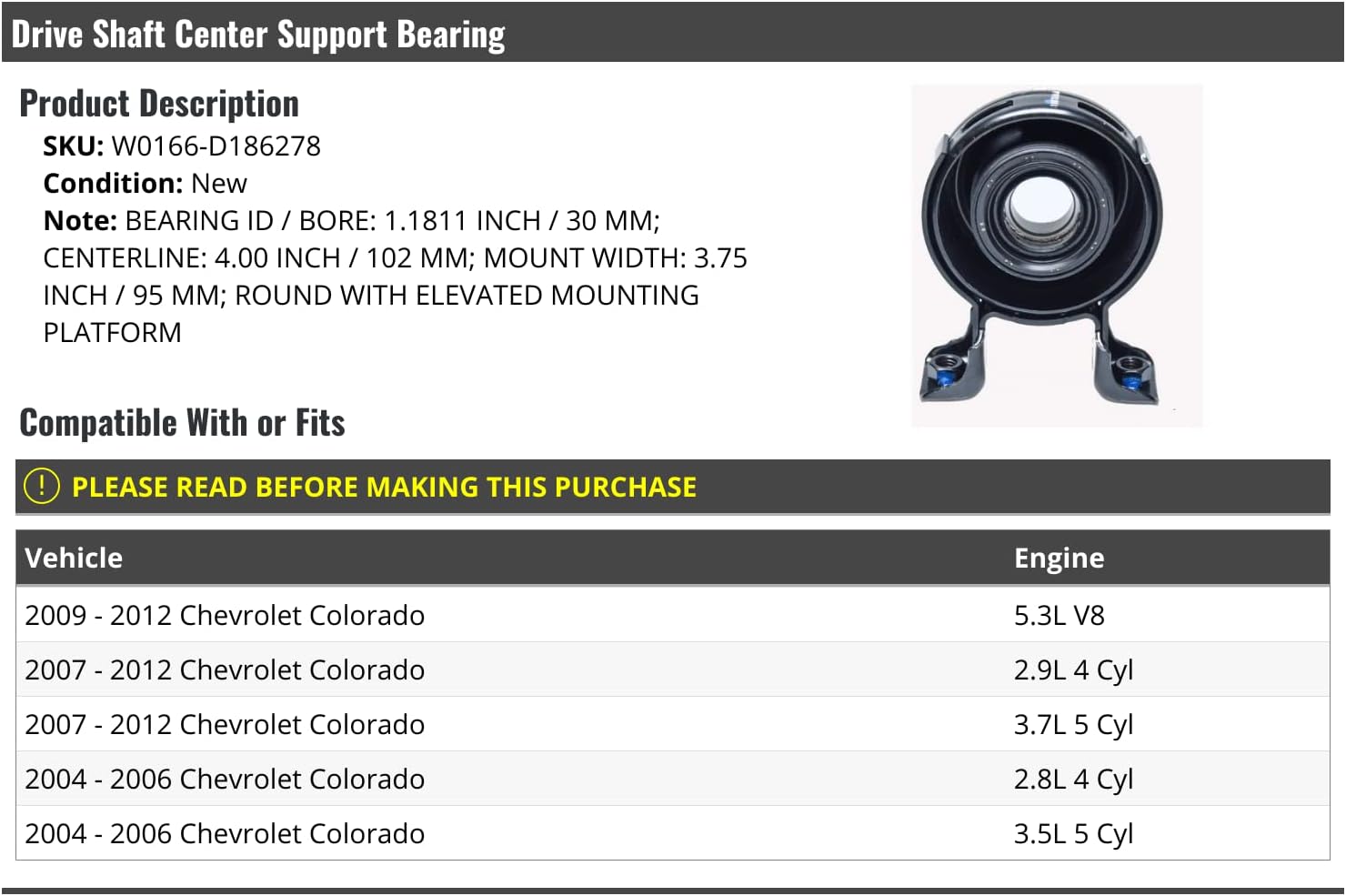 Driveshaft Center Support Bearing - Compatible with 2004-2012 Chevy Colorado