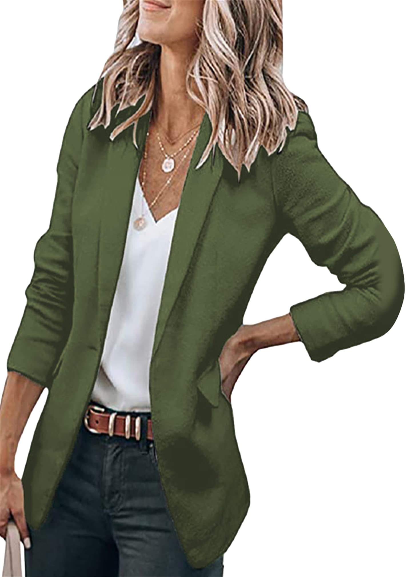 BOFETA Womens Long Sleeve Blazer One Button Solid Color Pocket Jacket Blazer Notched Collar Coat