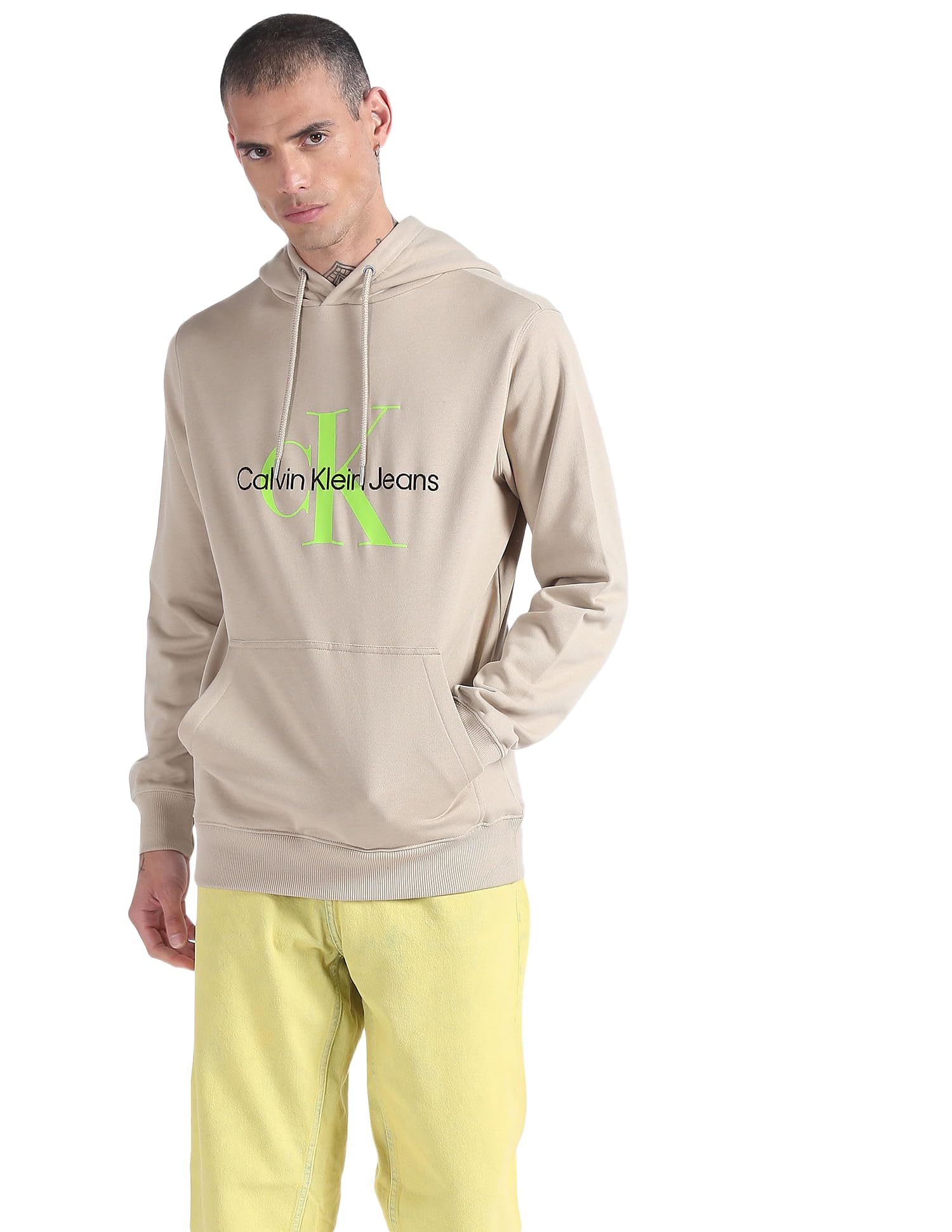 Calvin Klein Jeans Men Hoodie Seasonal Monologo Regular, Grey (Plaza Taupe/Acid Light), S