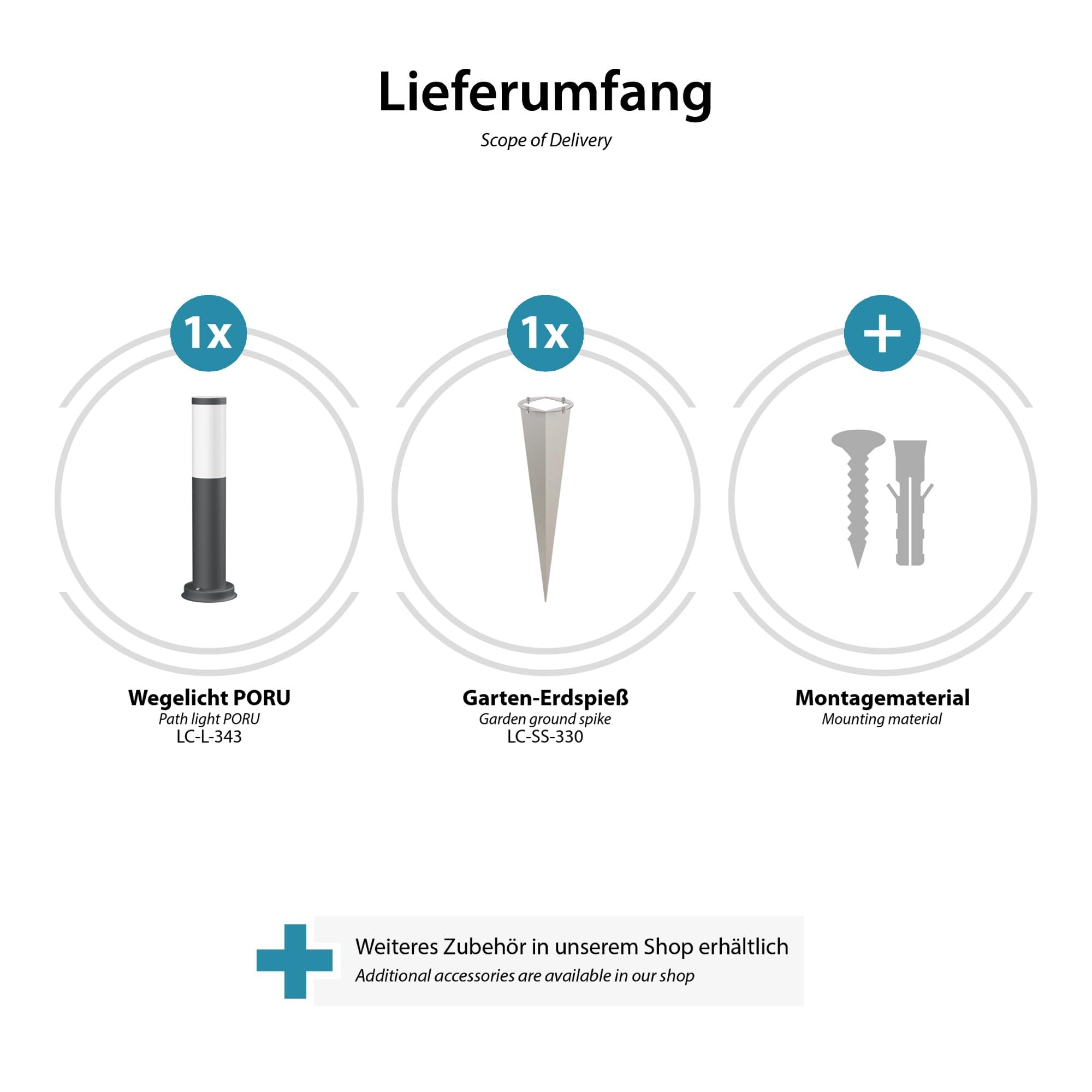 ledscom.de 4x Wegelicht/Pollerleuchte/Gartenleuchte PORU mit Erdspieß für außen, IP44, 39cm, anthrazit, 1 x E27 max. 60W