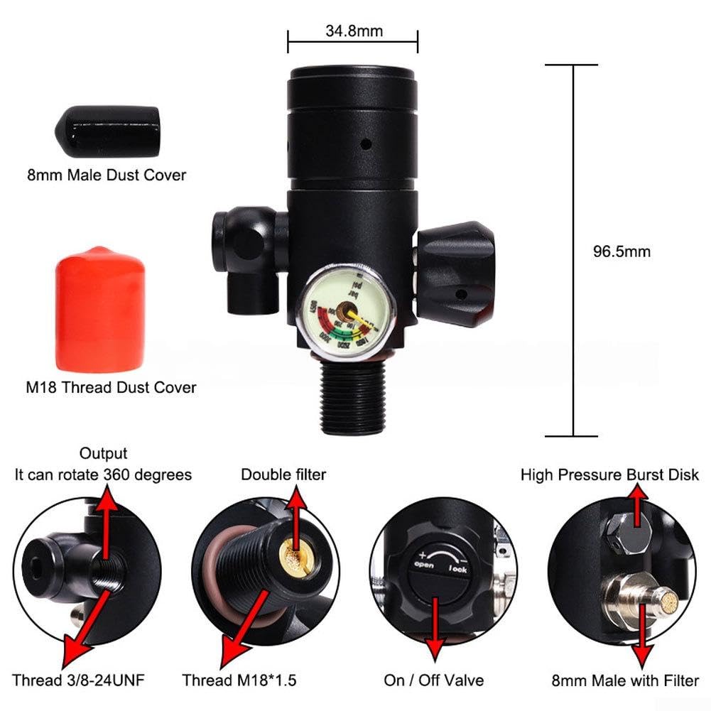 Válvula reductora de presión del cilindro de buceo M18x1.5 Rosca Regulador giratorio de 360 grados para buceo para botella de pony Tanque auxiliar 5000 PSI con manguera opcional (FMJ033)