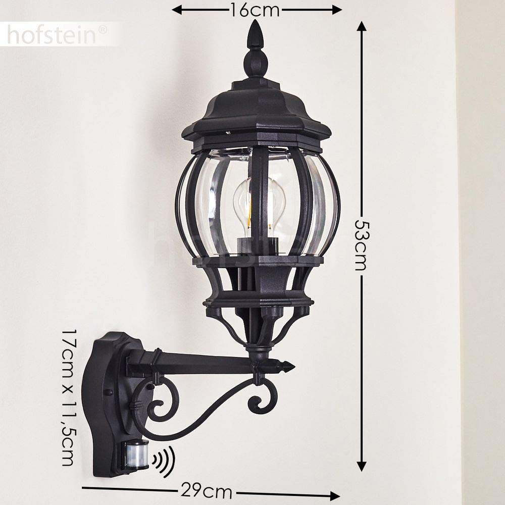 HOFSTEIN Außenwandleuchte Lentua, Außenwandlampe mit Bewegungsmelder aus Metall/Kunststoff in Schwarz/Klar, Wandleuchte Up im Retro/Vintage-Design, E27, IP44, Eingangsbereich, Terrasse, Haustür, Hof