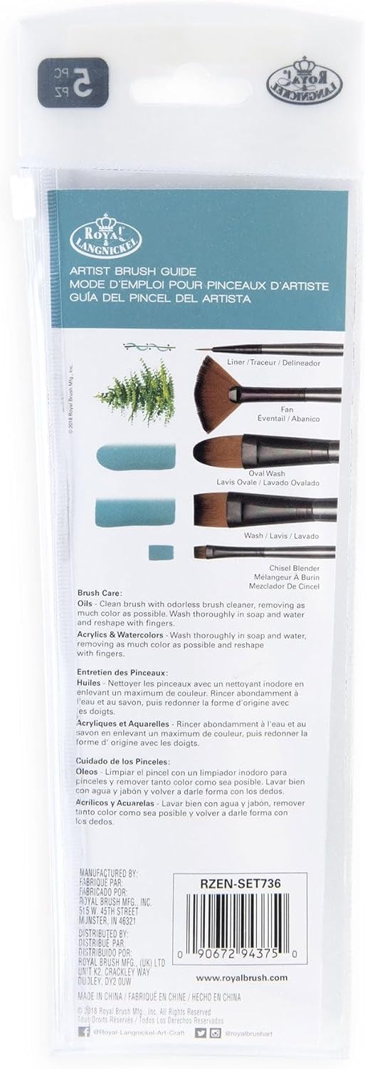 Royal & Langnickel, Zen Series 73 Set of 5 Brushes, Standard Handle, Synthetic Filament, Oval Wash 3/4, Wash 3/4, Fan 6, Liner 20/0, Blender 6, RZEN-SET736