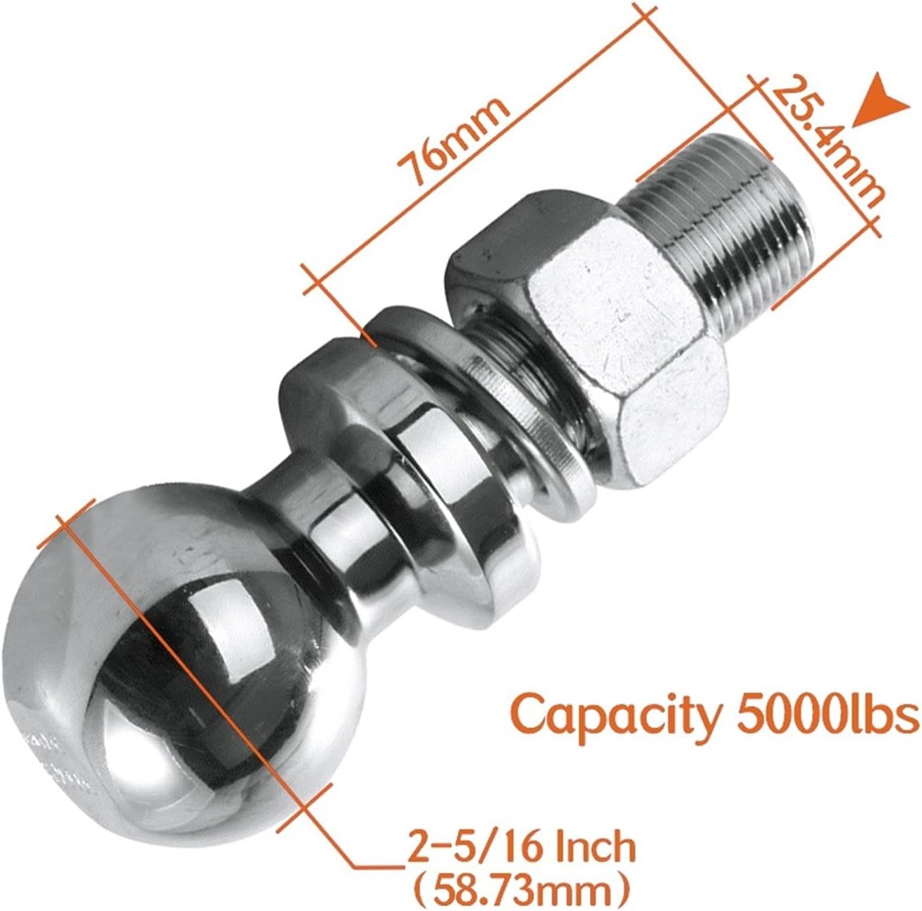 Chrome Trailer Hitch Tow Ball 2-5/16 Inch M25 Shank Dia Capacity 5000 Lbs Coupling Parts RV Camper Caravan Accessories