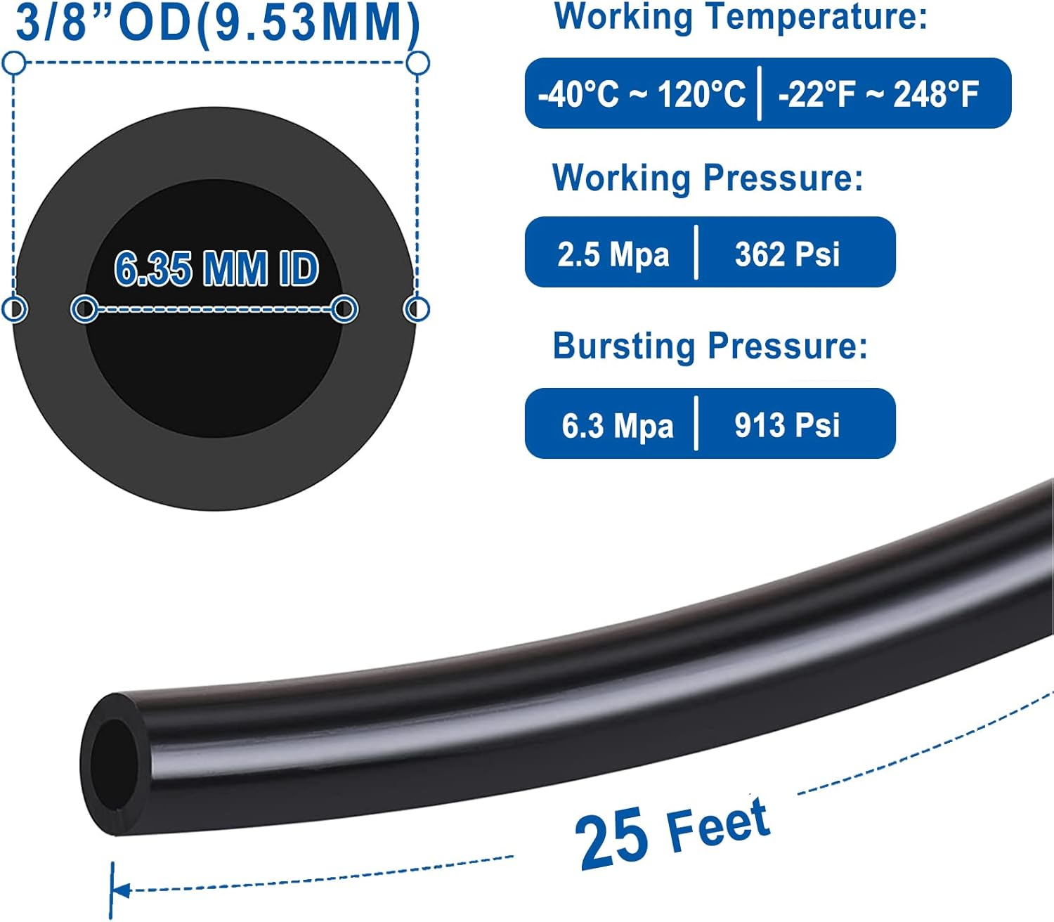 LokoCar Nylon Air Line 50ft 3/8" OD Pneumatic Nylon Tube DOT Approved SAE J844 Airline For Air Brake Tubing or Fluid Transfer Black