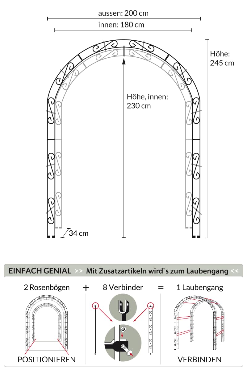 KUHEIGA Breiter Rosenbogen aus12mm Massiveisen! Breite: 200cm Roheisen/Rost