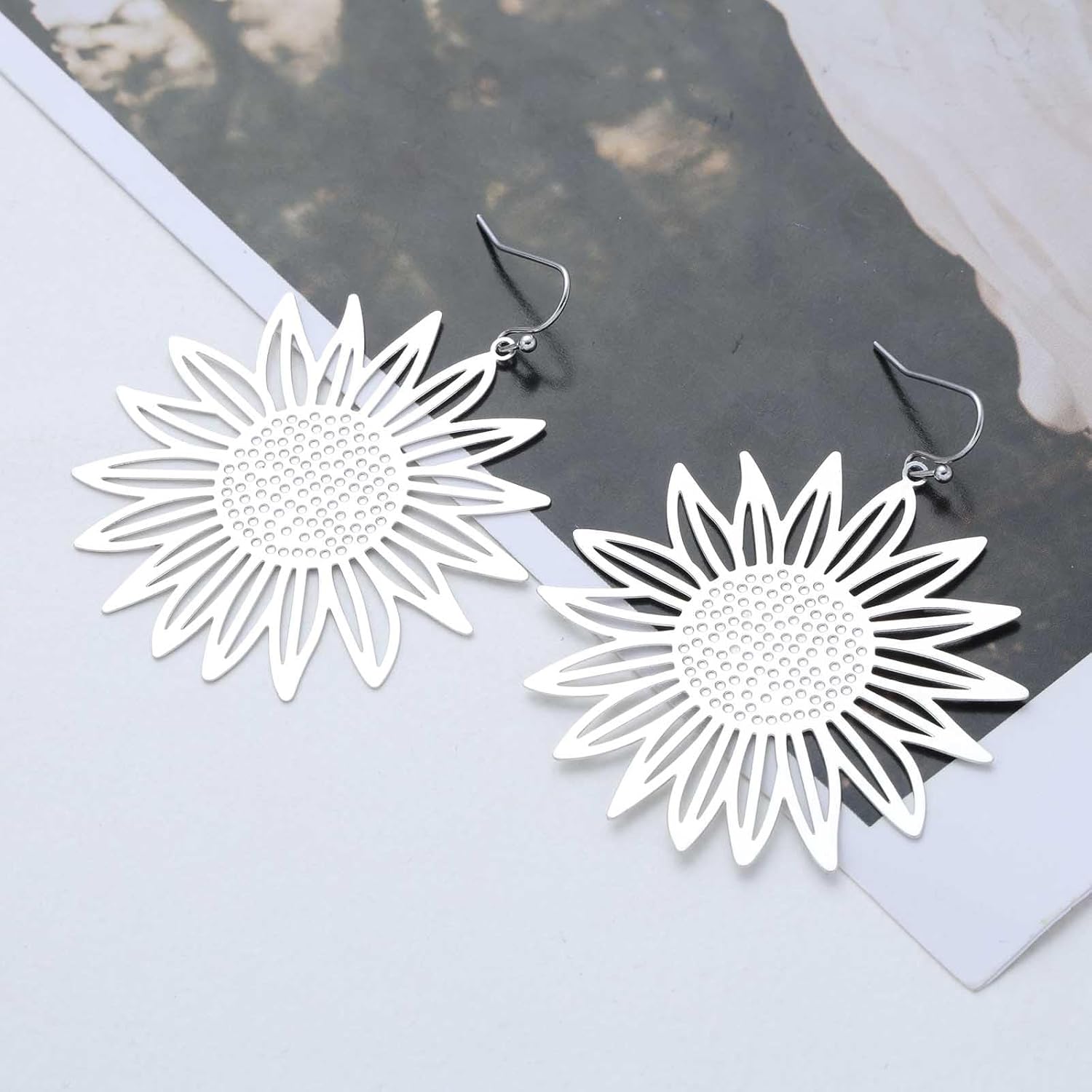 Andelaisi Boho Sunflower Dangle Earrings Vintage large Hollow Flower Earring Gold Metal Floral Drop Earring Sunflower Lily Petal Hook Earrings Jewelry for Women - Image 3