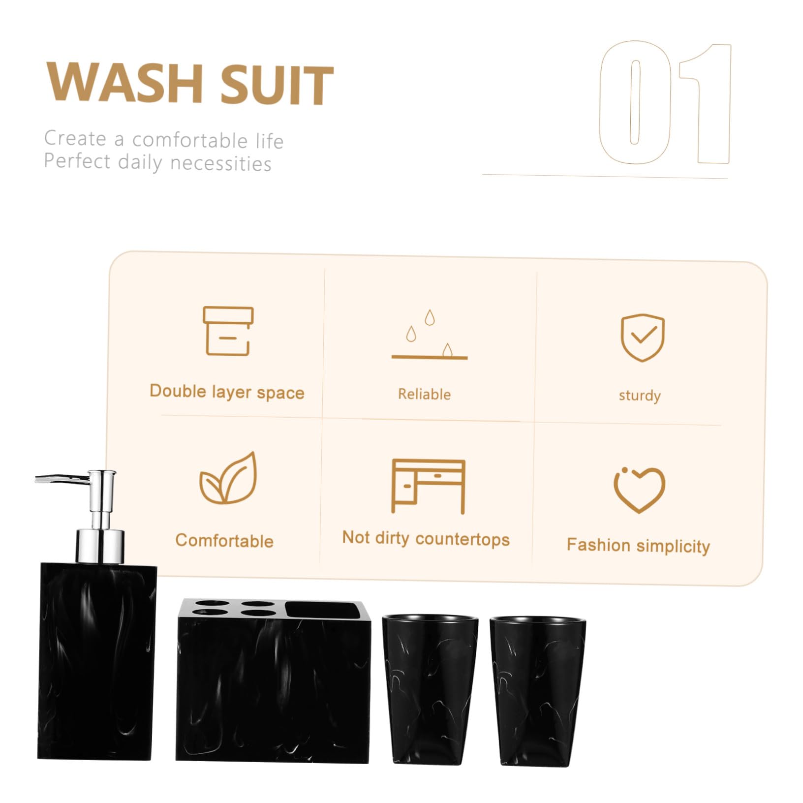Cabilock Conjunto de Accesorios de Baño de Resina Negra Jaspeada de 5 Piezas Soporte para Cepillos de Dientes y Jabonera Práctico y Cómodo para Baño Moderno
