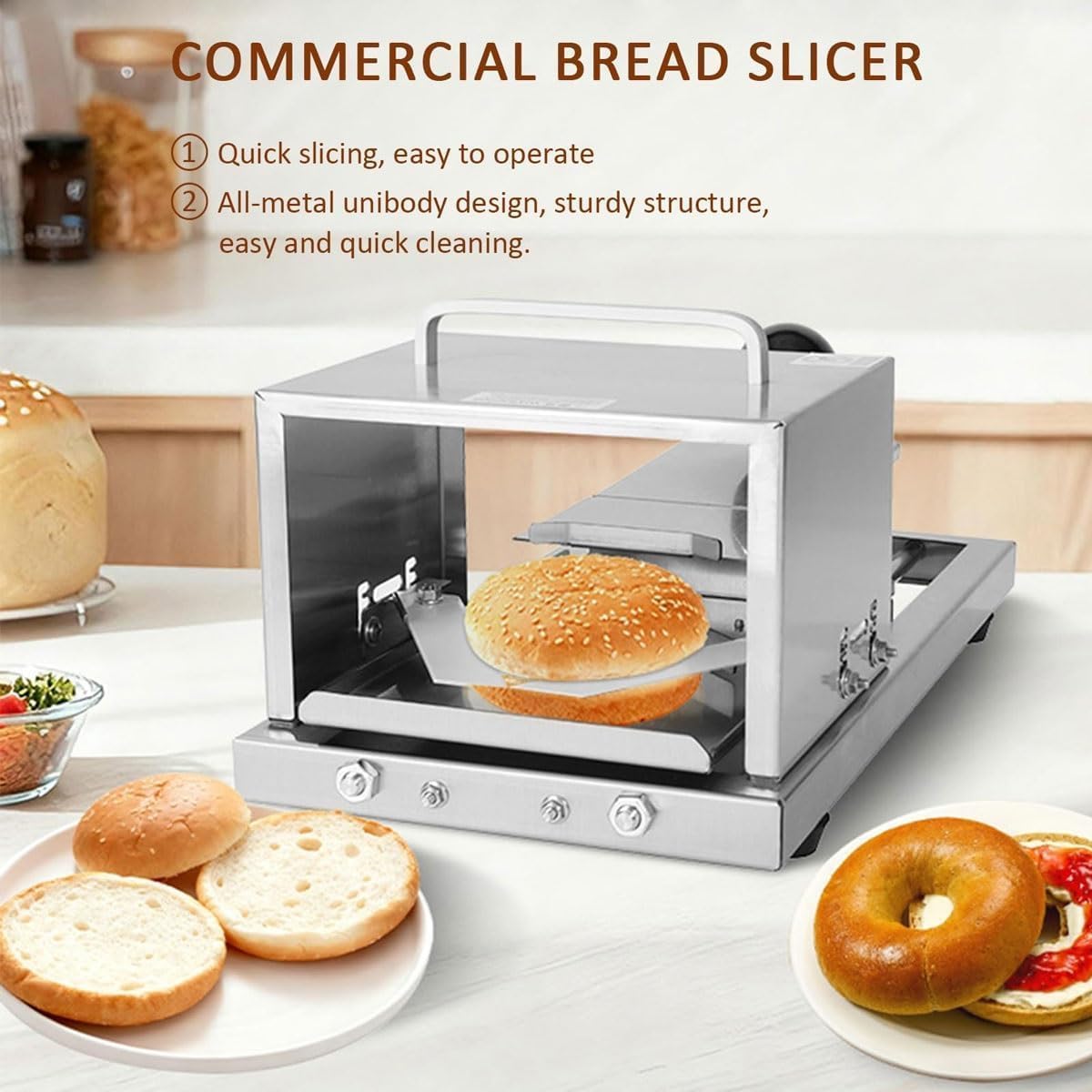 Commercial Bread Cutter Slicer with 4 Cutting Height Available, Manual Hamburger Bun Cutter-Push-Pull Cutting Design, for Bagels, Hamburger Buns, and Small Loaves of Homemade Bread