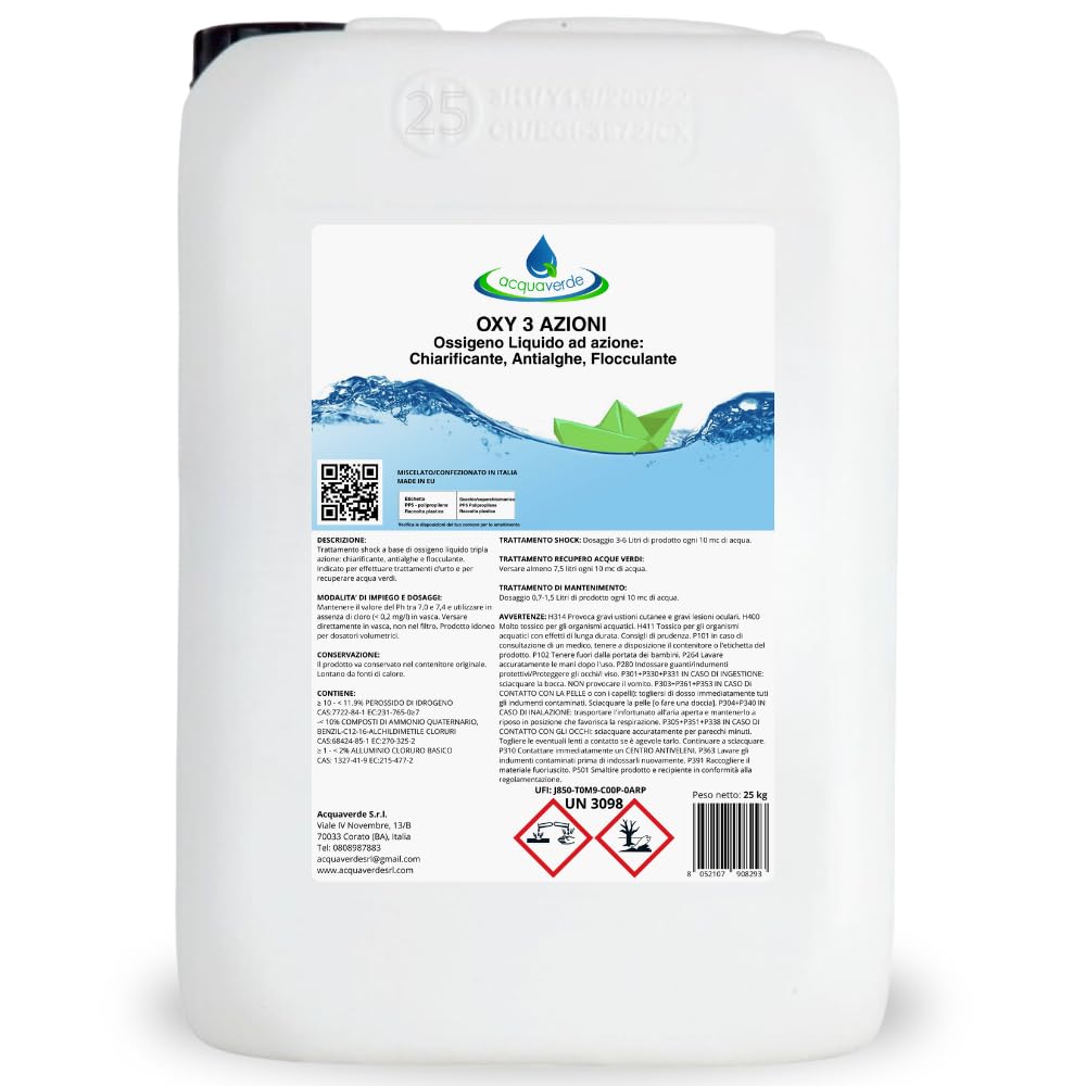 acquaverde OXY 3 Azioni | Ossigeno Attivo Liquido per Piscina - 25 kg, Chiarificante, Antialghe e Flocculante, Alternativa al Cloro per Trattamento, Pulizia ed Igiene per Acqua di Piscine