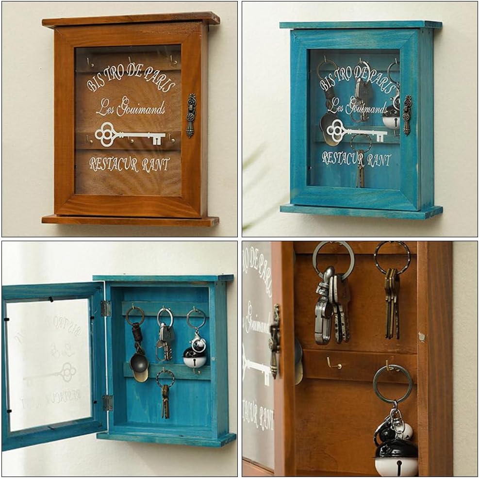 Veemoon Wooden Wall Mount Key Holder, Rustic Hanging Key Box Farmhouse Organizer Cabinet with 6 Hooks Entryway Hanger for Home Office Indoor Outdoor (Brown)