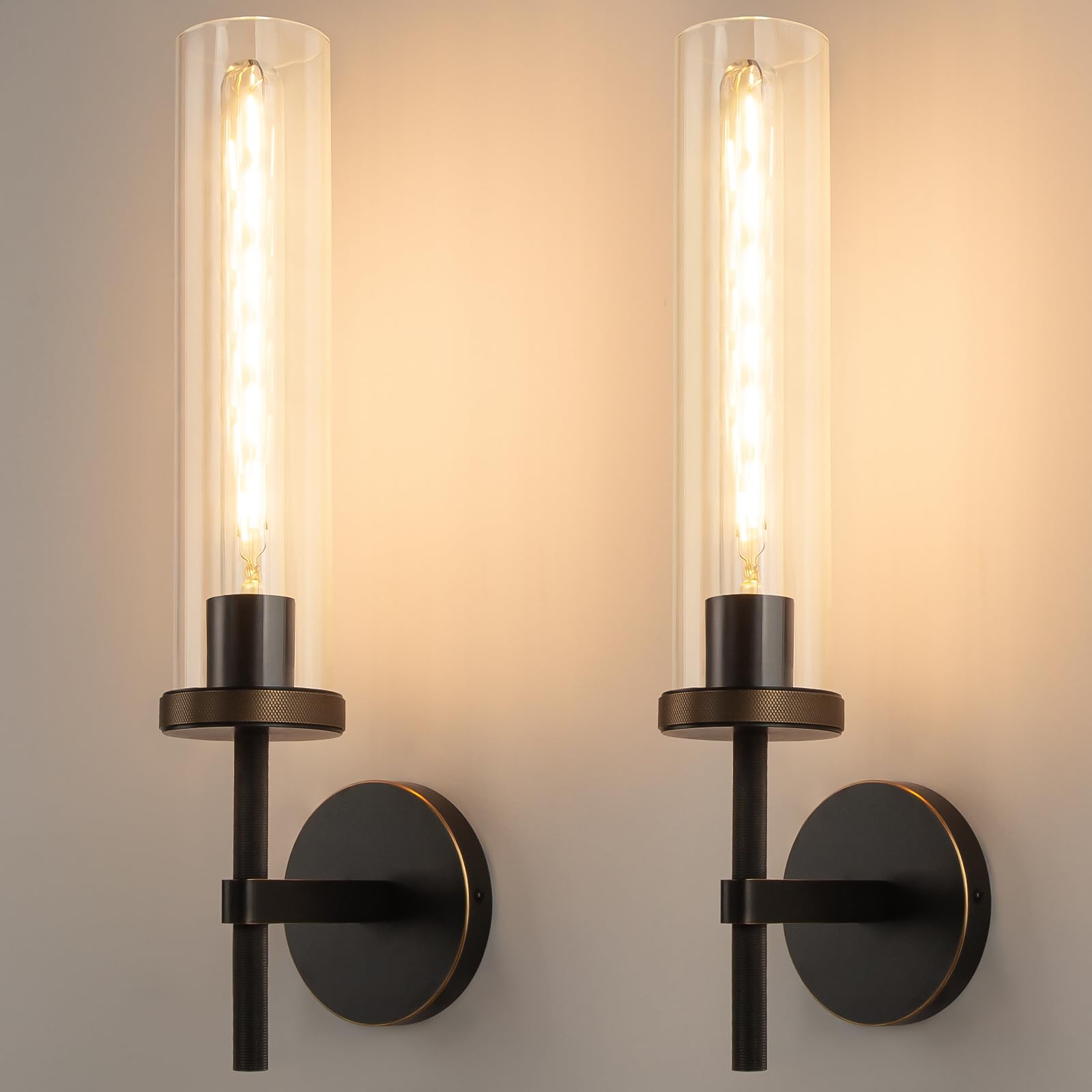 Photo 1 of Vookea 19.5" Knurled Brass Wall Sconces Set of 2, Black Gold Bathroom Vanity Light Fixtures with Clear Glass Tube, Modern Lamp Lighting for Bedroom, Living Room, Hallway, Staircase, Mirror, Kitchen