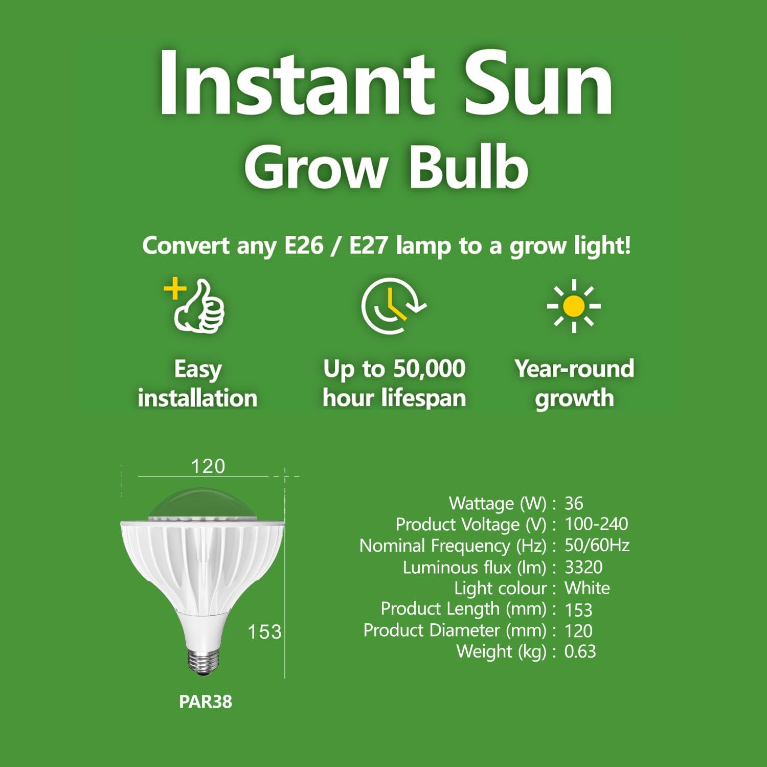 36W LED Pflanzenlampe Vollspektrum E27 Sockel für Zimmerpflanzen,LED Grow Light mit High PPFD Wachstumslampen für Gewächshaus,Garten, Blumen,Gemüse, Hydroponik,400W Äquivalent,4000K,Größe Ø12.0*15.3cm