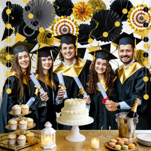Image of 24 Pcs Black and Gold Party Decorations, Paper Fans Pom Poms Garland Decor