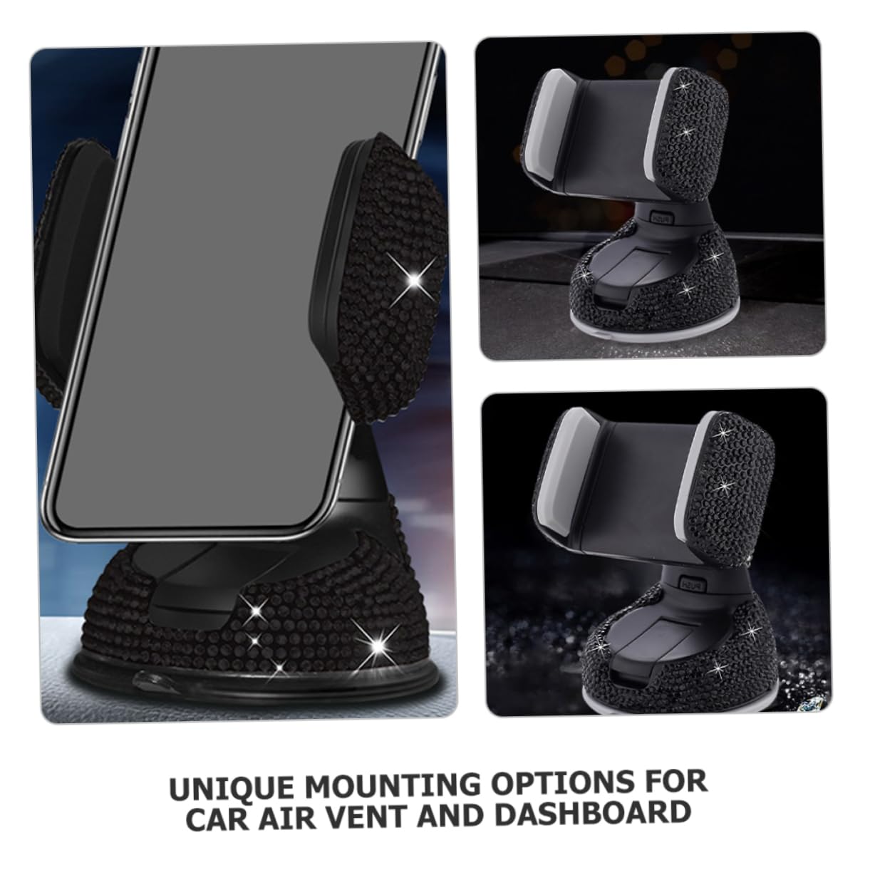Supporto Auto Smartphone per Bocchetta Aria e Cruscotto 2 Pezzi Nero | Abs Protezione Antiscivolo, Installazione Semplice, Struttura Decorativa Strass