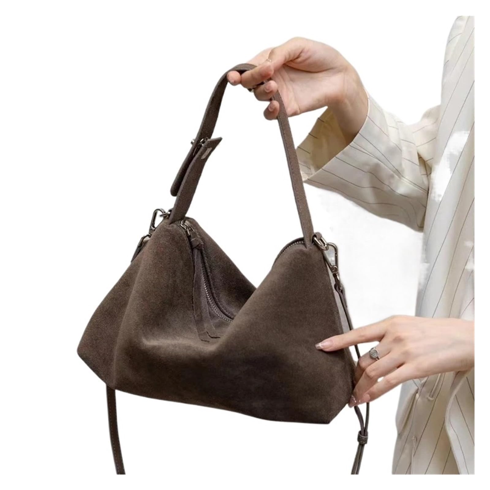 Borsa a tracolla da donna in morbida pelle scamosciata opaca e di mucca(Beige)