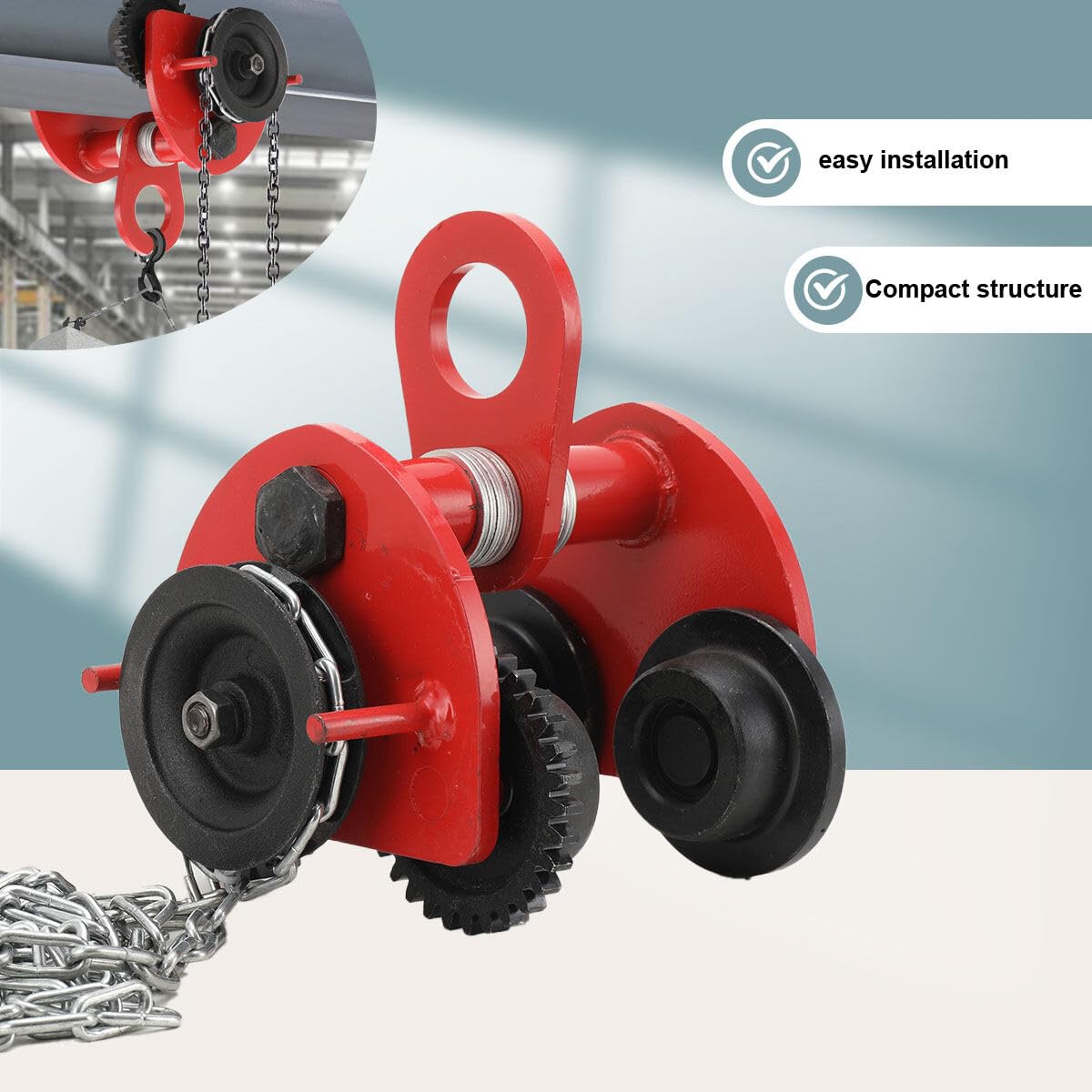 Rollfahrwerk 2000 kg Flanschbereich 80-168 mm Krankatze Laufkatze Handfahrwerk für Kran mit 3 Meter Kette, Rot