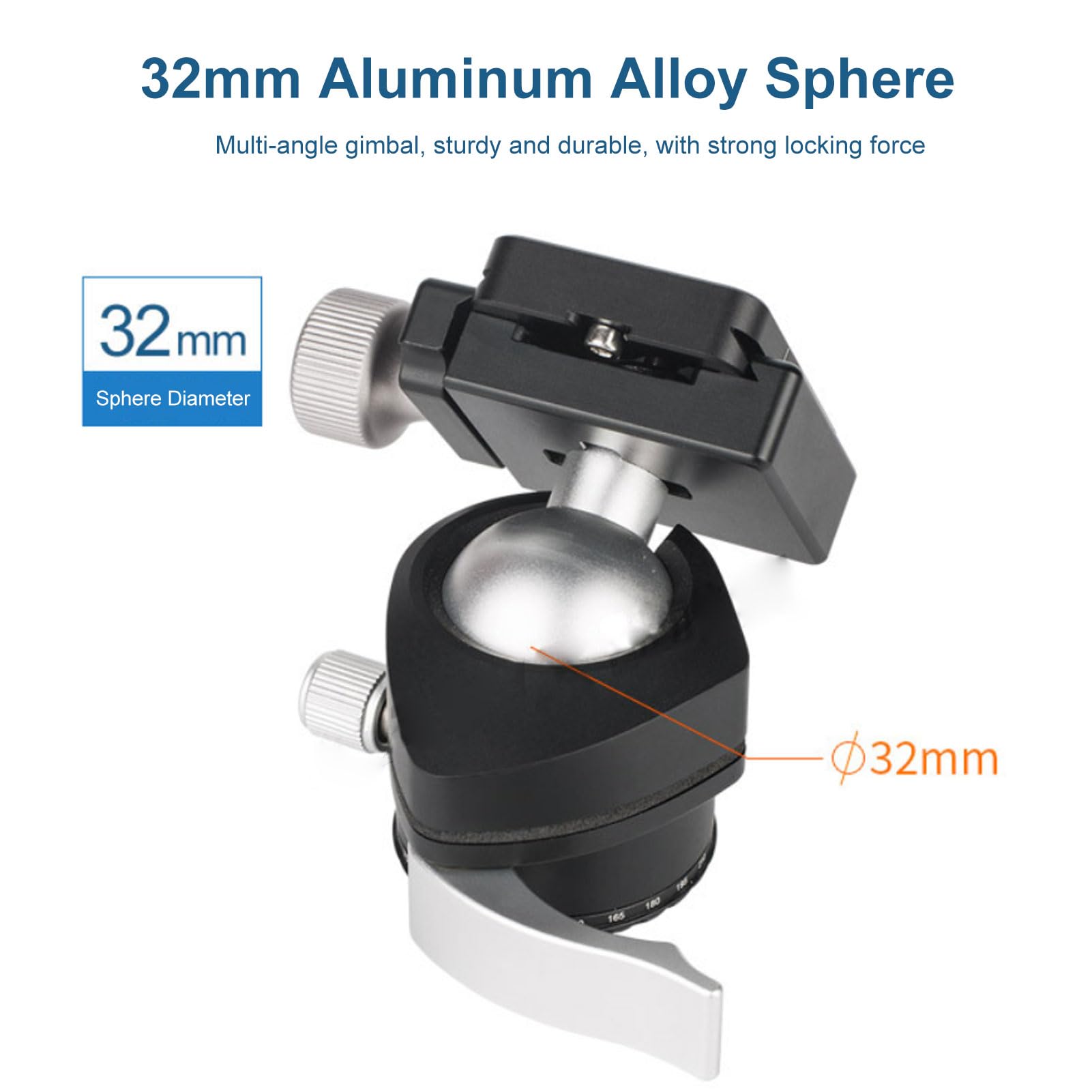 Luocute Testa a Sfera da 32 Mm, Piastra a Sgancio Rapido con Blocco a Leva con un Leggero, capacità di Carico di 279 G, 8 Kg, con Morsetto Compatibile Standard, per Treppiede Monopiede