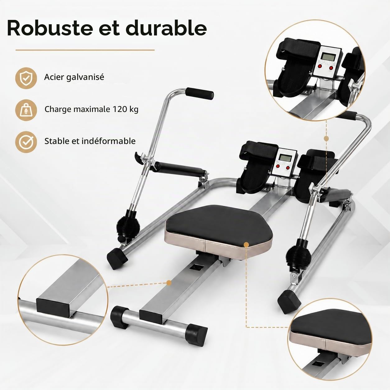 Rameur pour la maison Vainqueur du test, rameur hydraulique entièrement mobile réglable avec siège souple, écran LCD et long rail pour exercices cardio, capacité de charge de 120 kg, 106 x 66 x 10 cm
