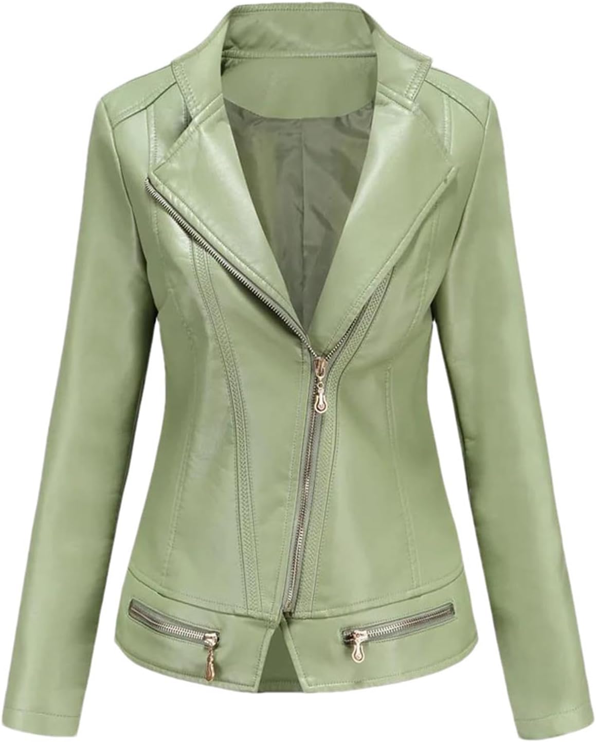 Spring Autumn Women Faux Leather Jacket, Long Sleeves Motorcycle Coat For Women, Moto Biker Zipper Jacket