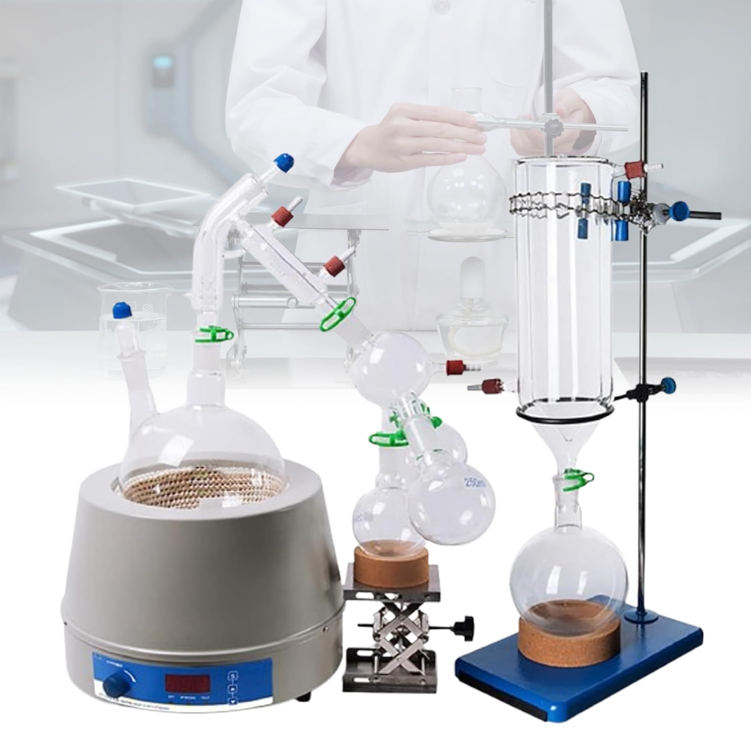 Equipo de destilación de Recorrido Corto de 2 l, Aparato de destilación de Laboratorio de 650 W, 50-1800 r/min, con Manto Calefactor de agitación y Trampa de frío, Rango de Temperatura 380 ℃