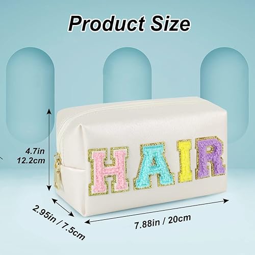 Miniatura 2 de Bolsa de maquillaje de parche Preppy, bolsa de cosméticos con letras de chenilla, bolsa de aseo de piel sintética, bolsa de maquillaje portátil con