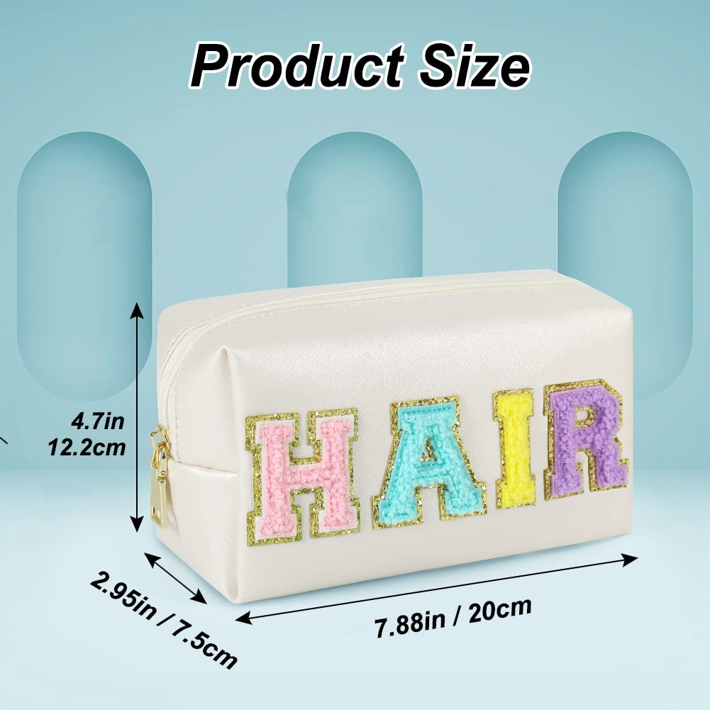 JOINDO Preppy Patch Makeup Bag, Chenille HAIR Letter Cosmetic Bag,PU Leather Skincare Toiletry Bag, Portable Makeup Bag with Varsity Letter Patches, Travel Organizer Bag for Women Girls (White)