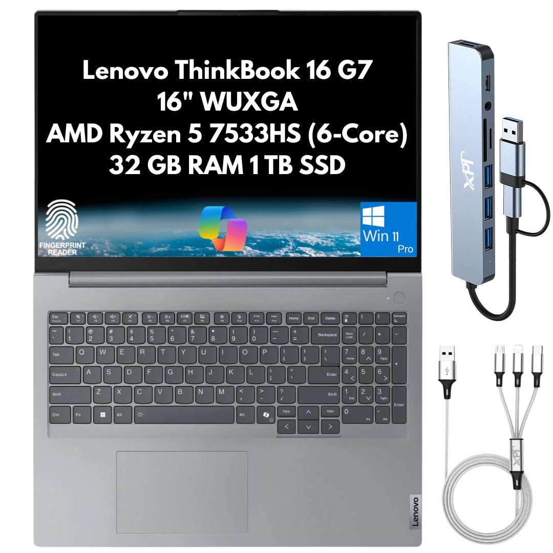 ThinkBook 16 G7 Business Laptop 2025,16" WUXGA Display, AMD Ryzen 5 7533HS (6-Core), 32GB DDR5 RAM, 1TB PCIe SSD, Wi-Fi 6, Bluetooth, RJ-45, Webcam, Fingerprint Reader, Copilot Win 11 Pro