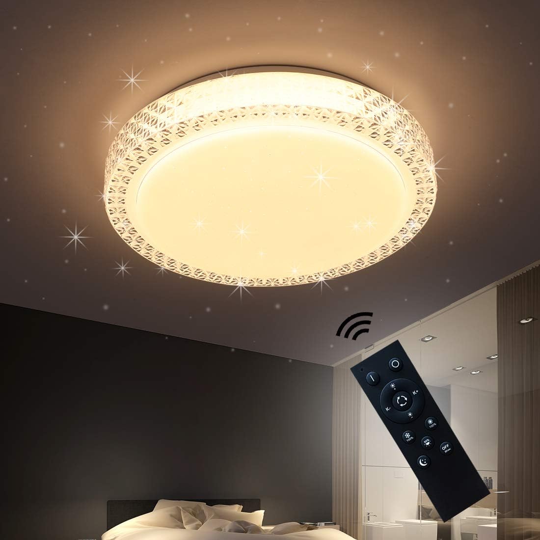 ZYCYLIGHT Dimmable LED Ceiling Light, LED Flush Mount Fixture with Remote Control, 13.4in Round LED Ceiling Lamp Without Flicker, for Living Room, Bedroom, 30W LED Ceiling Lamp,3000K-6000K