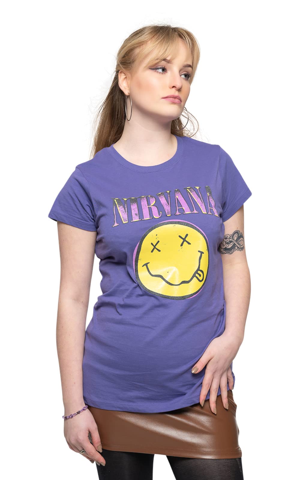Nirvana Women's Purple T Shirt Smile Pink Band Logo Official Skinny Fit S