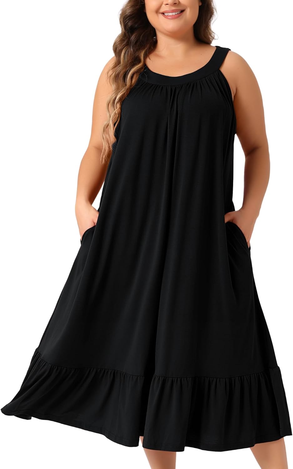 Agnes Orinda Plus Size Women's Nightgown Tank Sleeveless Sleepwear Wide Strap Chemise Pleated Nightdress with Pockets