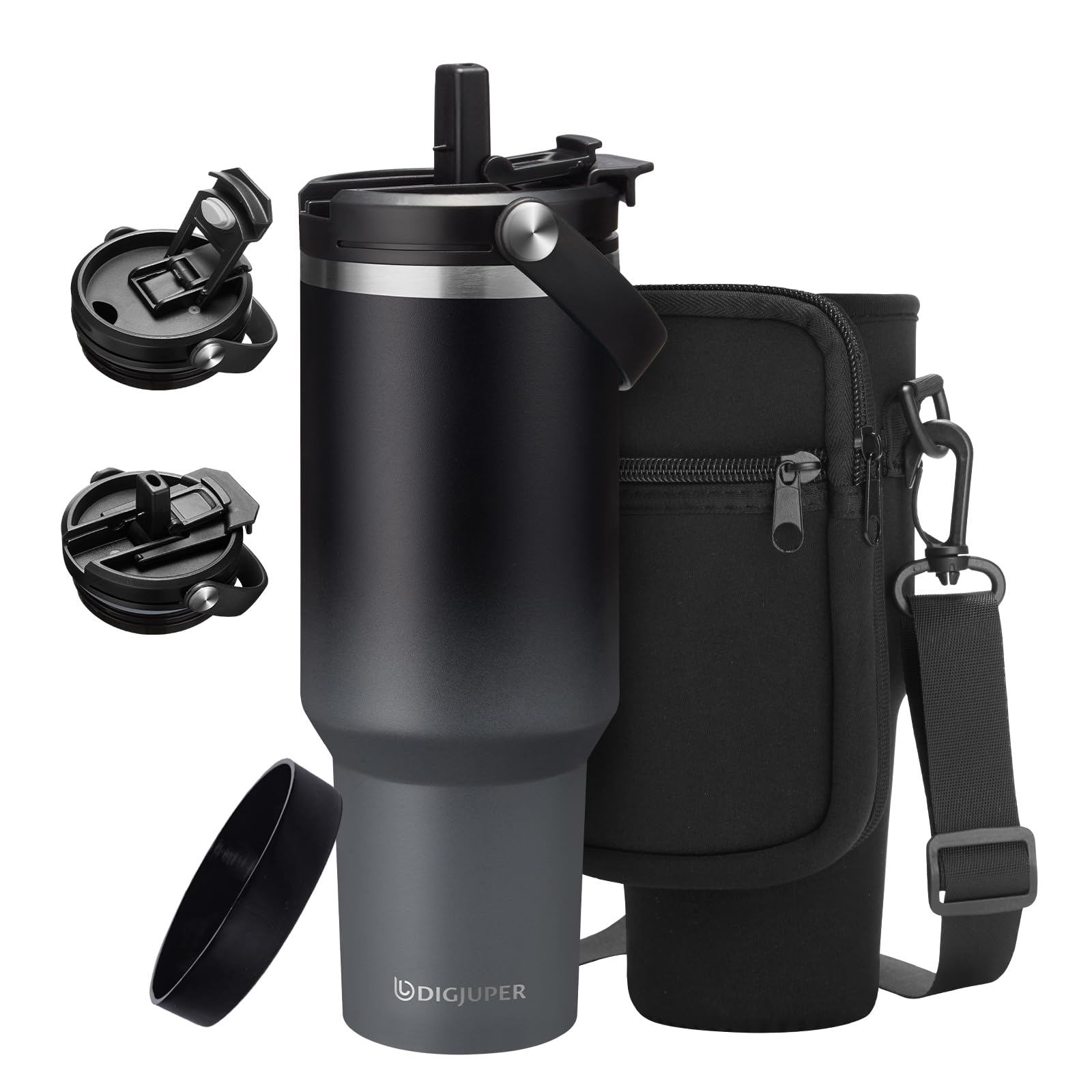 DIGJUPER 40 oz Coffee Tumbler with Straw - Flip Lid, Carrier Bag Strap & Silicon Bottom Boot, Insulated Tumblers Water Bottles Fit Car Holder,