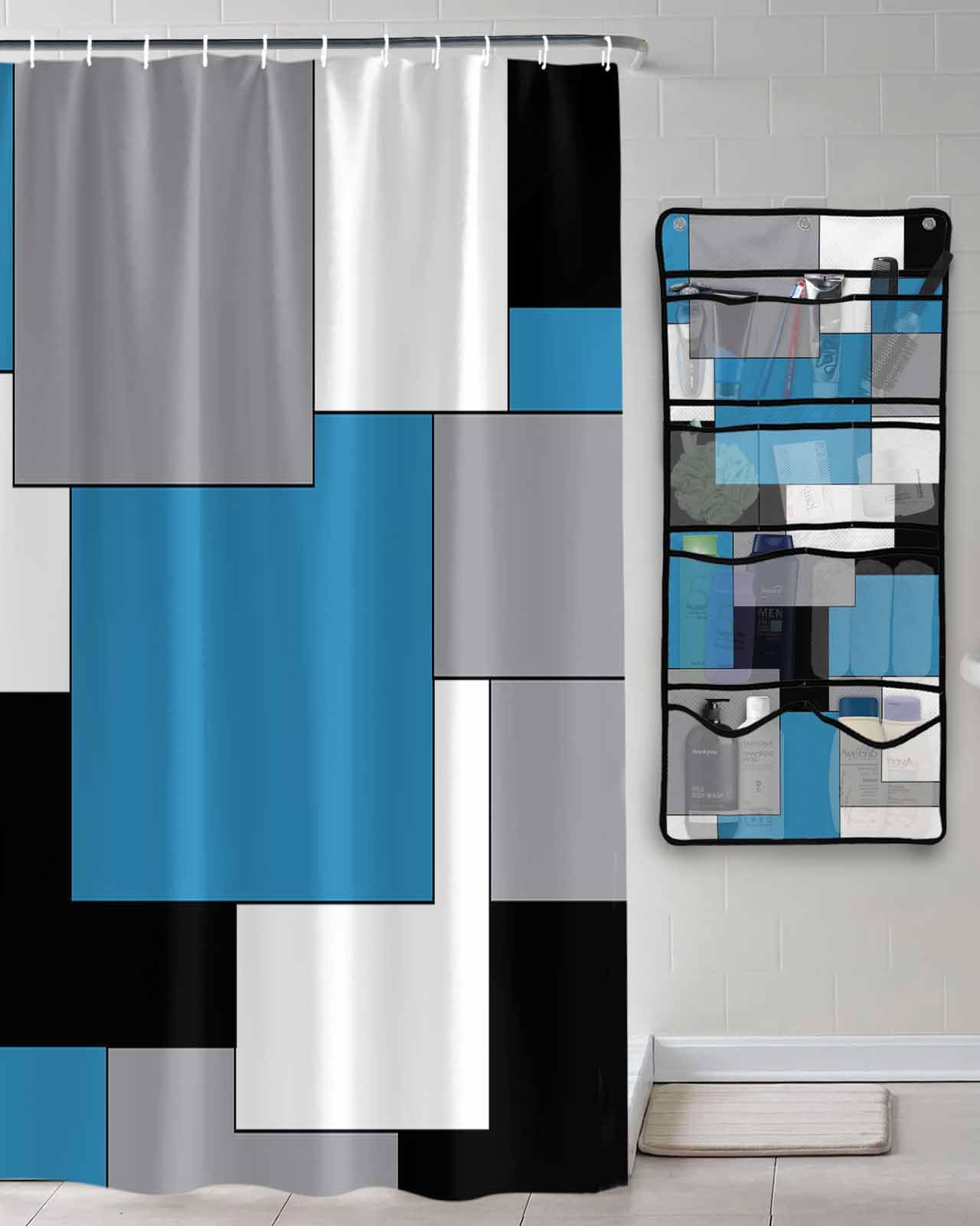 Shower Curtain Mesh Shower Organizer Hanging Set Abstract Art Patchwork Purple Blue and Grey Waterproof Shower Curtains with