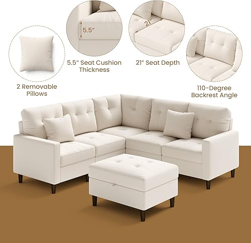 Miniatura 9 de Giantex Sofá modular modular modular en forma de L con otomana móvil, tela de lino sintético, 2 almohadas extraíbles incluidas, sofá moderno para