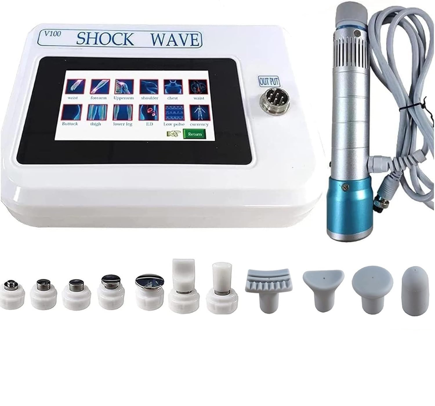 Shock Wave Massager V100, dispositivo portatile per rilassamento completo del corpo con 11 testine massaggianti per il comfort muscolare con 27 livelli di energia e 16 frequenze