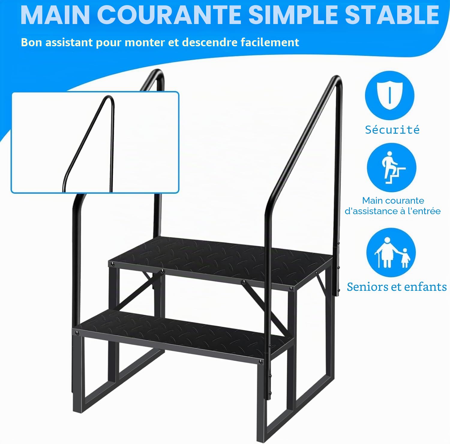Escabeau 2 Marches avec 2 Main Courante, Marchepied Antidérapant en Acier pour Caravane Escabot de Piscine, Escabeaux Portable pour Camping-Cars à Cinq Roues, Escabeau de Ménage Outdoor RV Marchepied