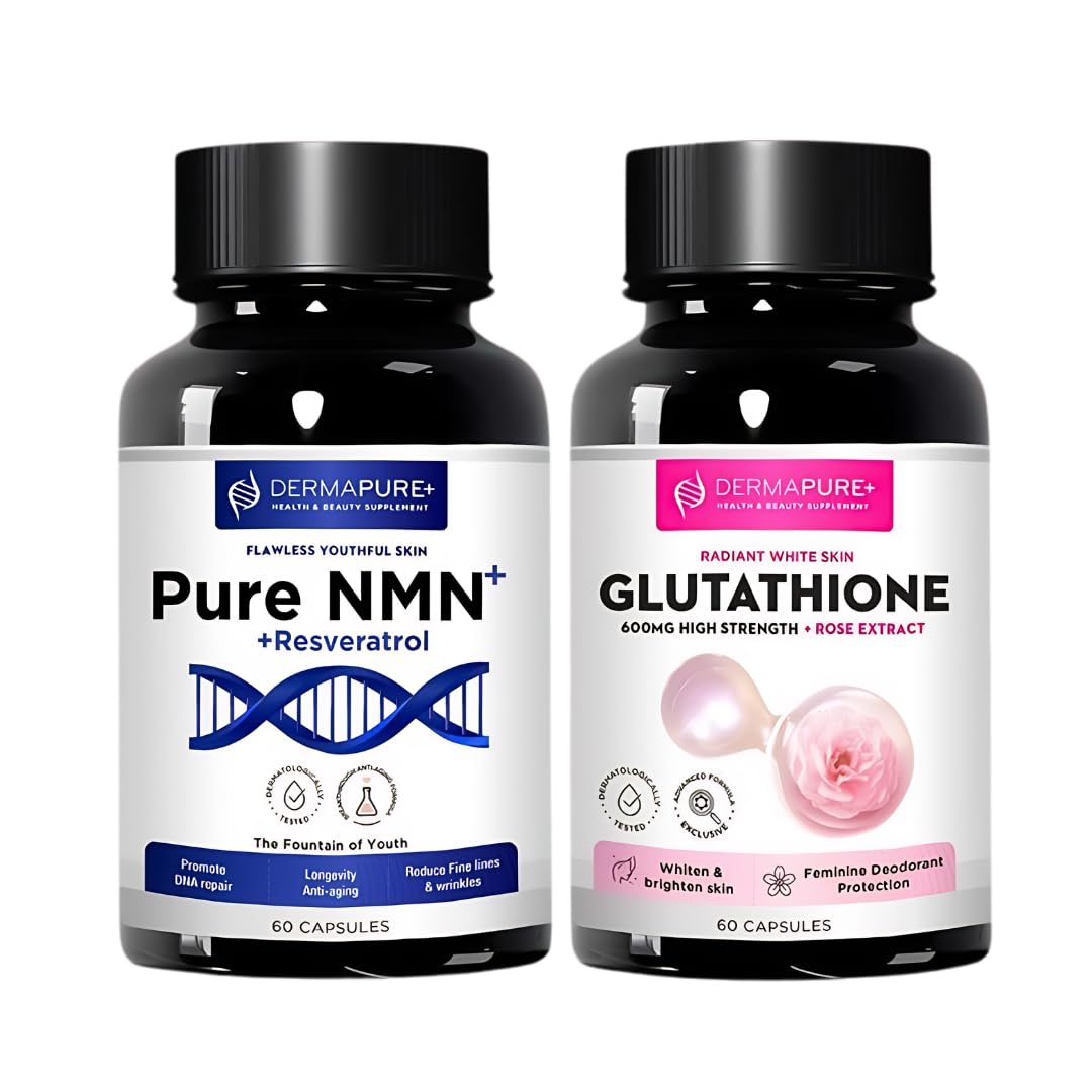 DermaPure+ Complete Skin Care Combo – NMN Anti-Aging & Glutathione Whitening Supplements, Supports Cellular Energy & NAD+ Boost, Reduce Wrinkles, Dark Spots | GMP-Certified & Third-Party Tested B. 1 Nmn + 1 Glutathione