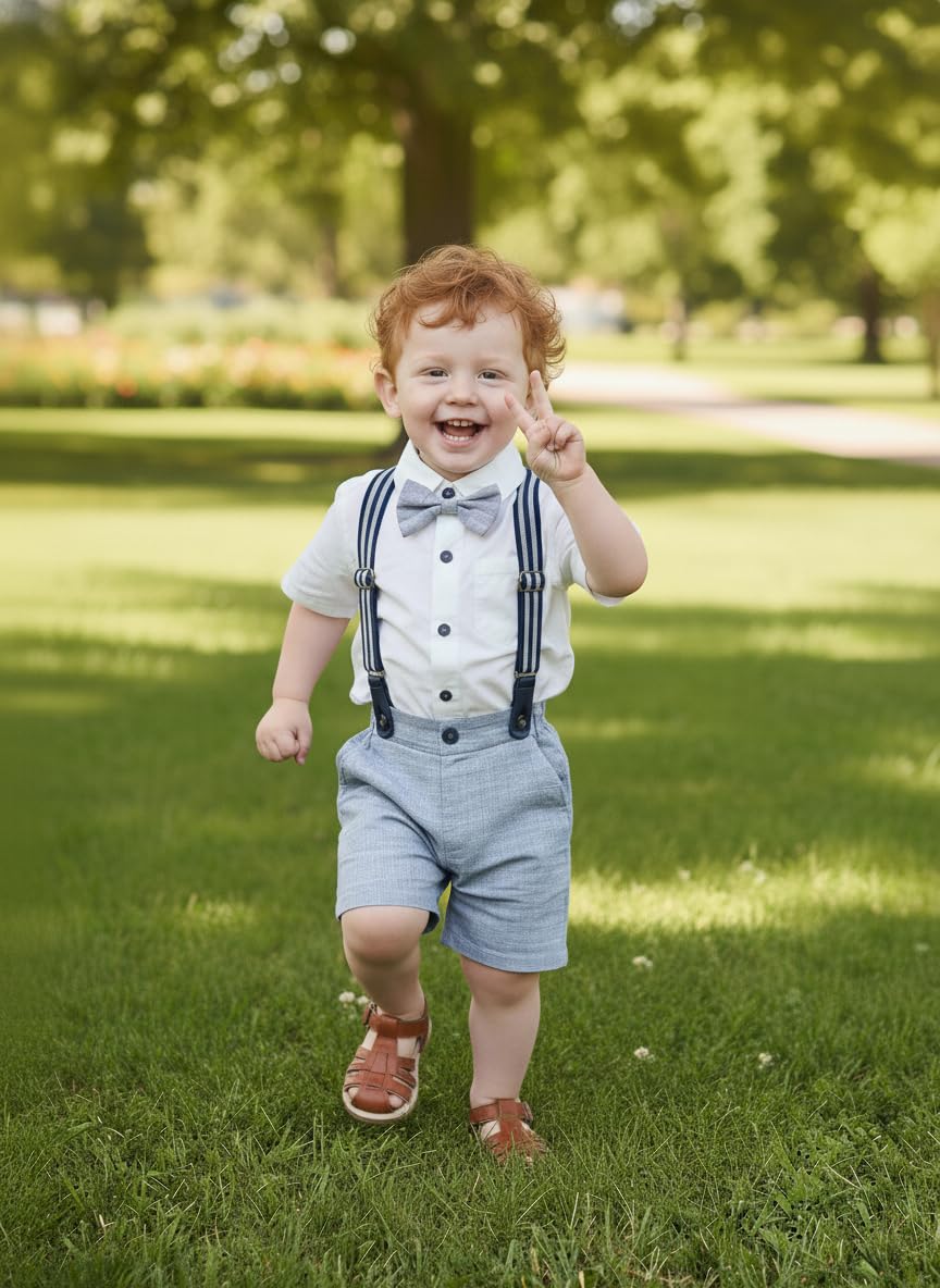 Volunboy Ensemble court formel pour bébé garçon - Tenue d'été gentleman - Manches courtes - Nœud papillon - Chemise à bretelles - Short - Blanc et bleu - 3 ans, Blanc et bleu., 3 Jahre/4 Jahre