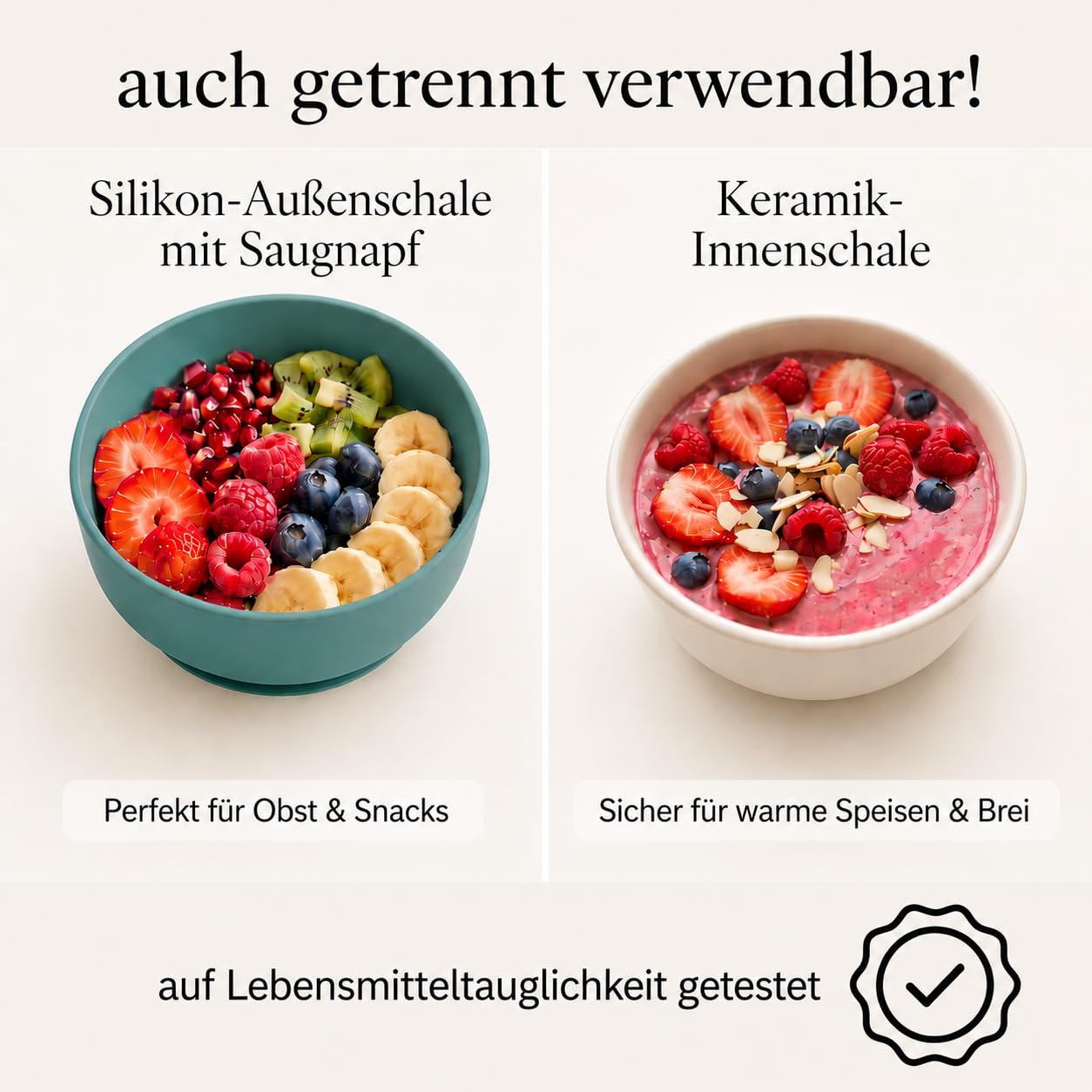Set aus 1 x Kinderschüssel/Babyschüssel und 1 x segmentiertem Kinderteller (dunkelgrün); Porzellan mit Schutz aus Sillikon und Saugnäpfen; ideal auch für Camping, Wohnmobil und Boot