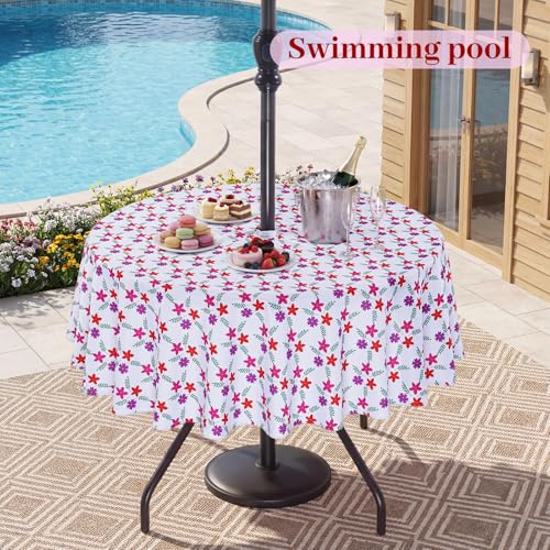 Eternal Beauty 60" Round Tablecloth Waterproof Outdoor Tablecloth with Umbrella Hole Zipper for Spring Summer Patio Picnic Tables (Red-Purple Flower, 60" (Round)) — view 6