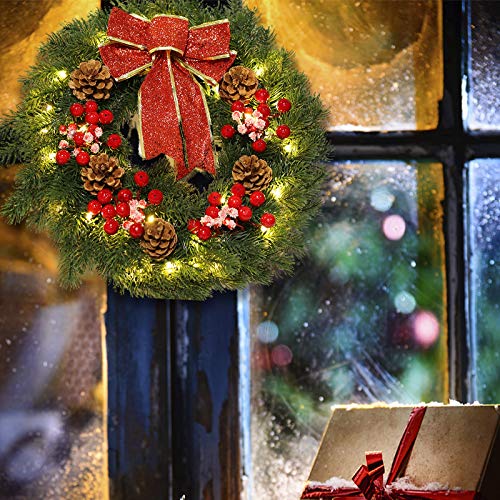 Mortime 16 Inches Led Christmas Wreath With Pinecones Red Berries, Red Bowknot Lighted Christmas Wreath With 40 Led Warm White Lights For Winter Holidays Home Decoration (Christmas) #TOP7