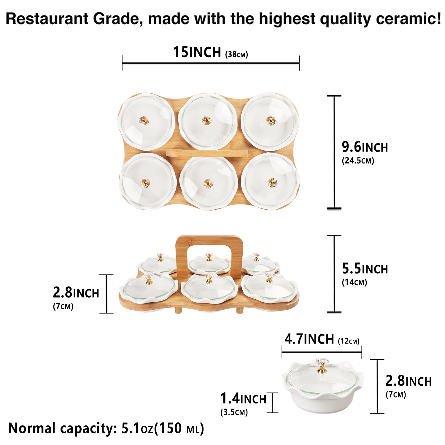 jinsongdafa Ceramic Serving Dishes with glass Lids and Bamboo Platter, 6 Removable Dipping Bowls Relish Tray Nuts Dishes for Appetizer, Fruits, Candy & Condiment, Perfect for Party Entertainment
