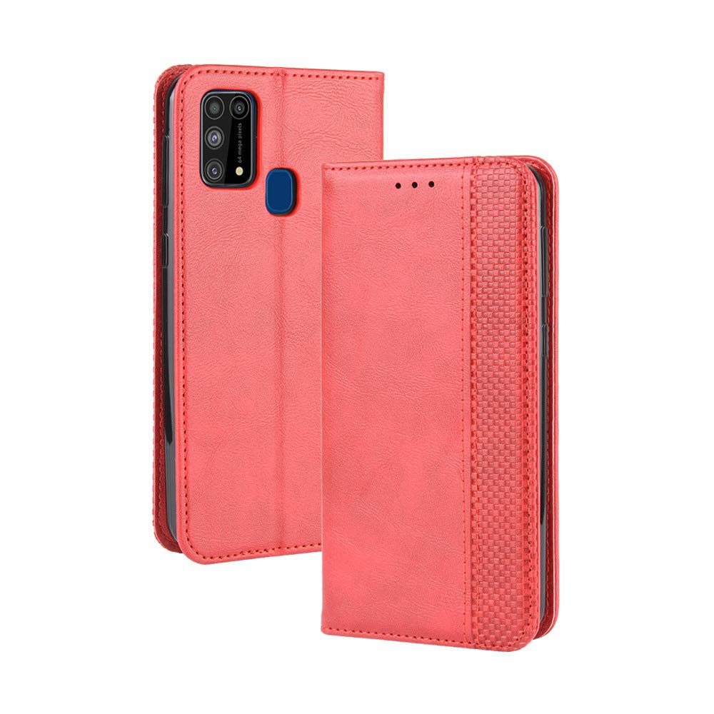LAGUI Compatible for Samsung Galaxy M31 Case, Retro Style Wallet Magnetic Cover with Credit Card Slots and Flip Stand, full cover Soft Internal Silicone Case, red