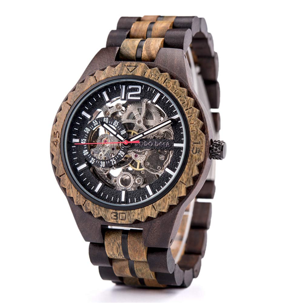 Orologio da polso da uomo, classico, automatico, in legno, con quadrante digitale, in legno naturale, con fondo in vetro, colore: marrone