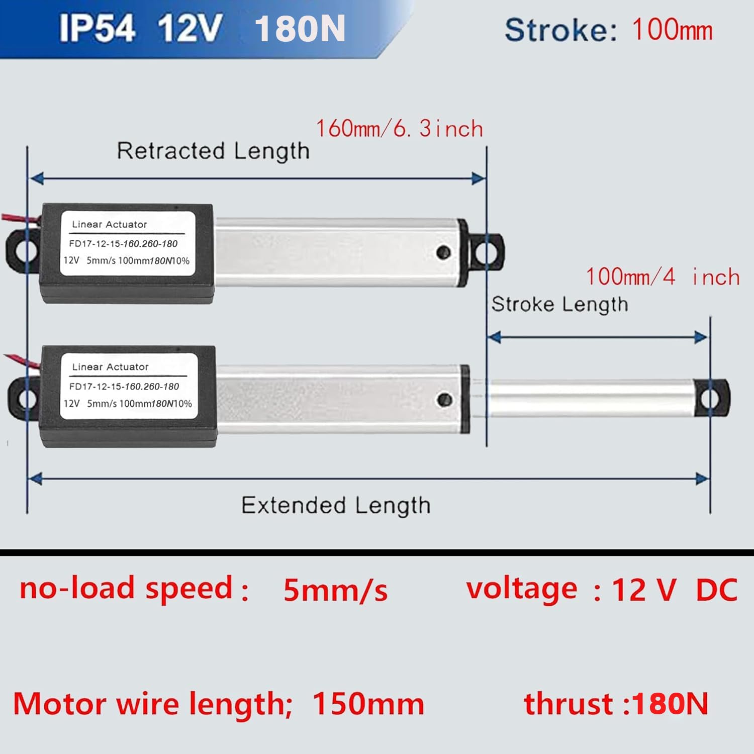 AWINLI 4" Stroke 12V Mini Linear Actuator,180N/40.5Lbs Waterproof Mini Electric Actuator,Speed 5mm/s with Instantaneous Switch Mounting Bracket,for Robots,DIY Chicken Coop Door (100mm)