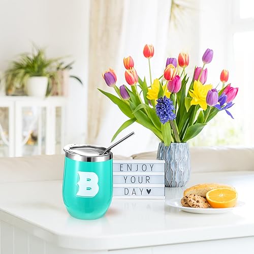 Miniatura 5 de Gejoy Taza personalizada con inicial, vaso de vino de acero inoxidable de 12 onzas con cepillo para pajilla, taza de viaje con monograma para boda,