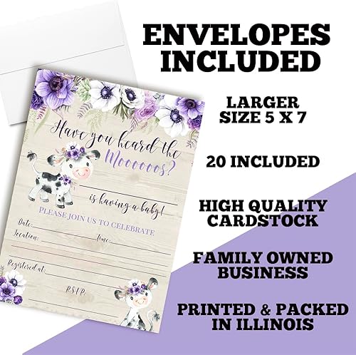 Miniatura 2 de AmandaCreation - Invitaciones para baby shower con temática de vaca floral morado acuarela, 20 tarjetas de relleno de 5 x 7 pulgadas con veinte