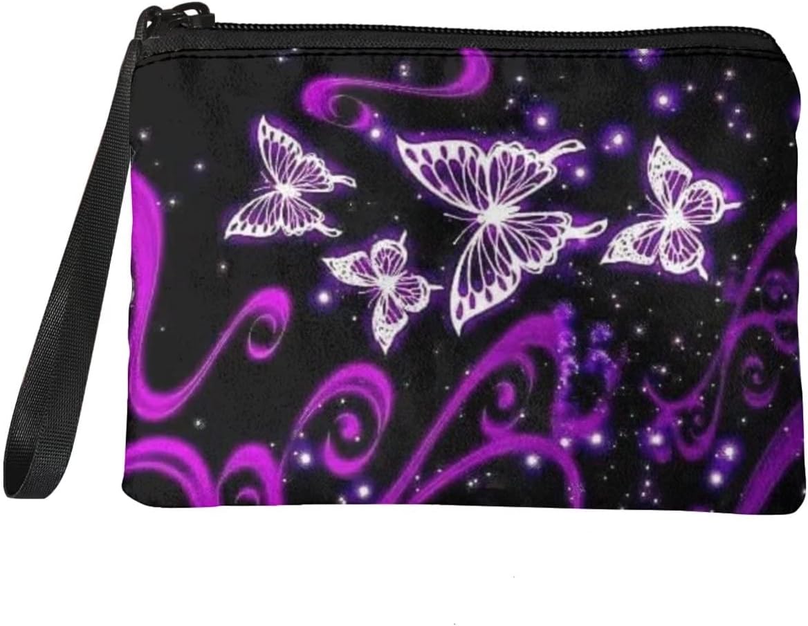 BIGCARJOBCoin Purse for Women,Travel Toiletry Bag Organizer,Small Change Pouch Clutch Case with Wristlet Strap, Purple bling butterflies, One size, One Size